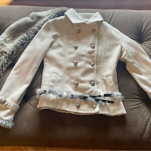 Women's Cream Double-Breasted Peacoat with Faux Fur Scarf